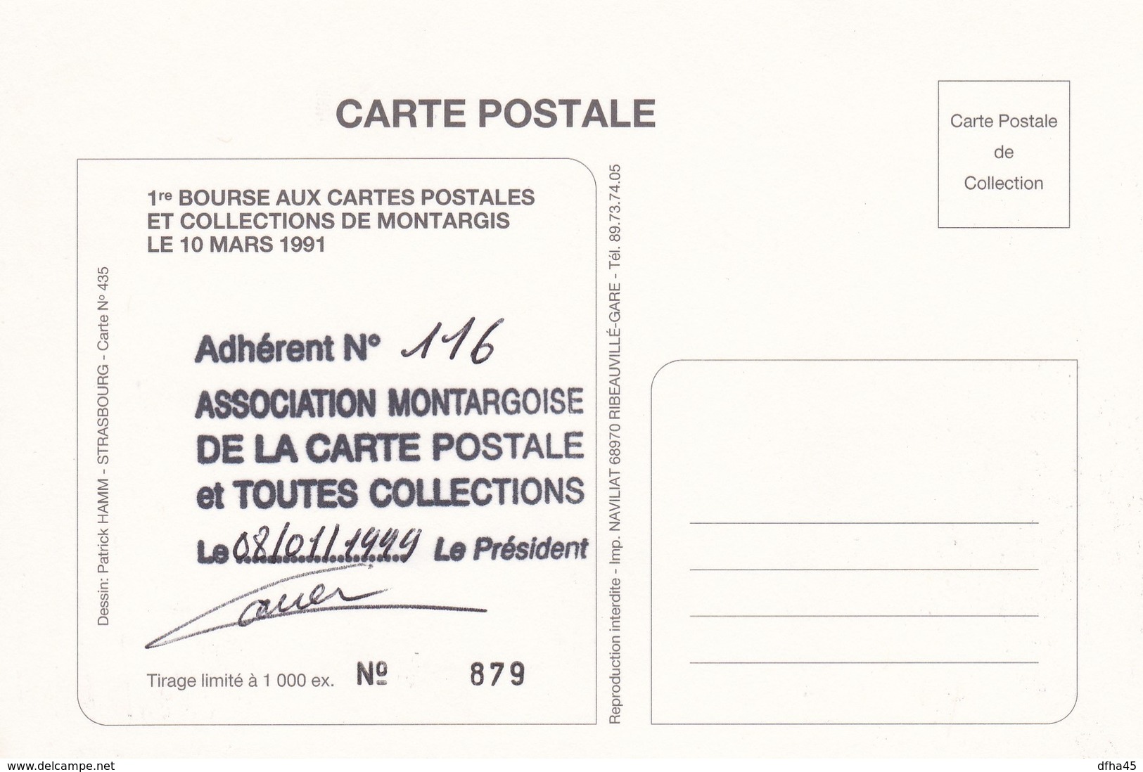 Montargis : 1 ère Bourse Aux Cartes Postales Et Collections Le 10 Mars 1991 De Patrick Hamm - Bourses & Salons De Collections