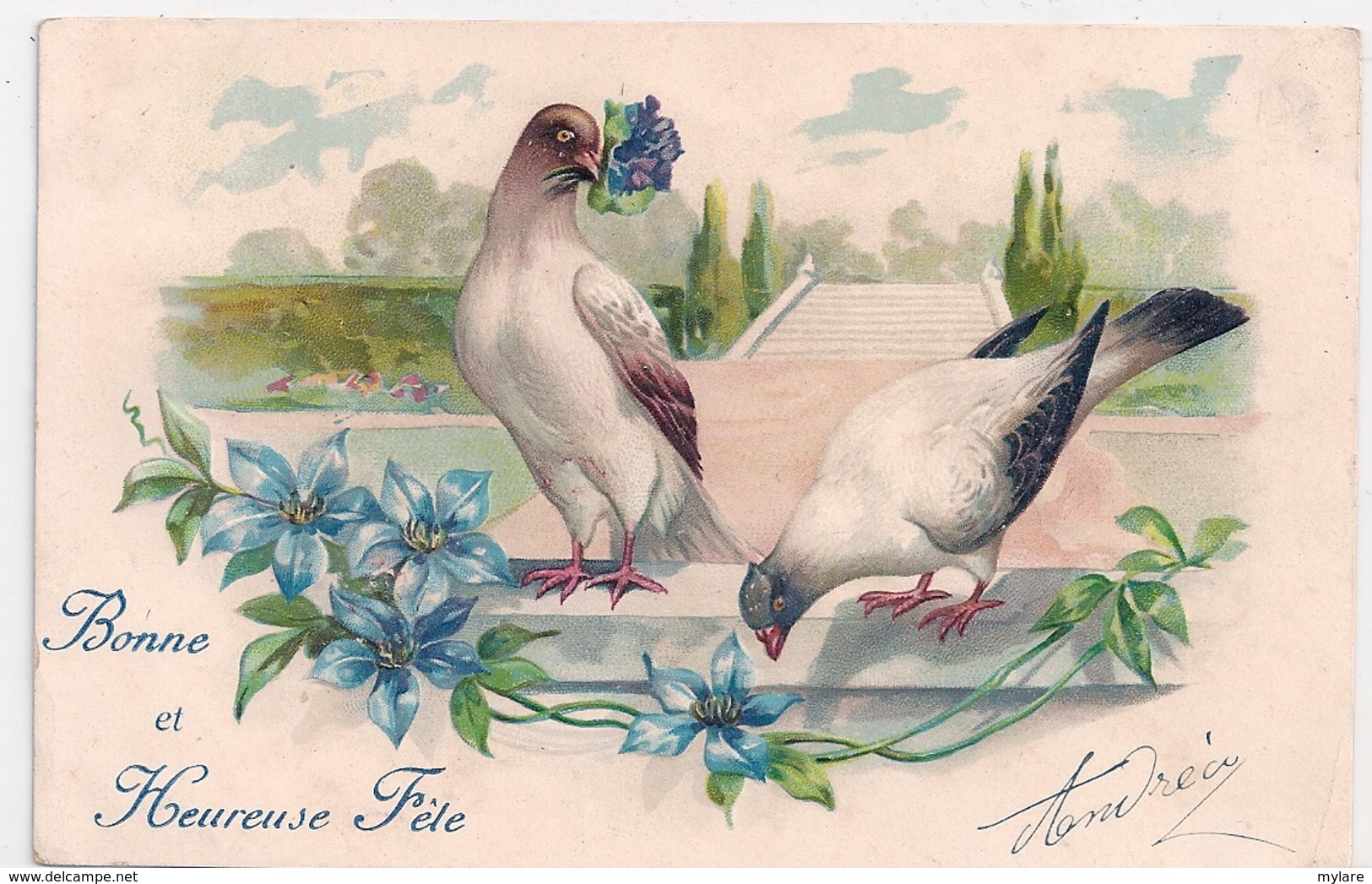 Cpa Fantaisie Gaufrée  Bonneet Heureuse Fête ( 2 Pigeons ) - Otros & Sin Clasificación