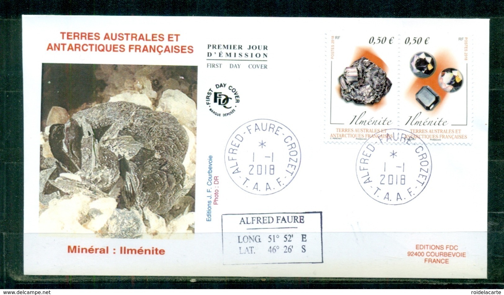 FDC  # TAAF 2018 # Minéraux-Mineralien-minerals # Ilménite,Ilmenit , PJ Alfred Faure 1.1.2018 (1FDC ) - Minéraux