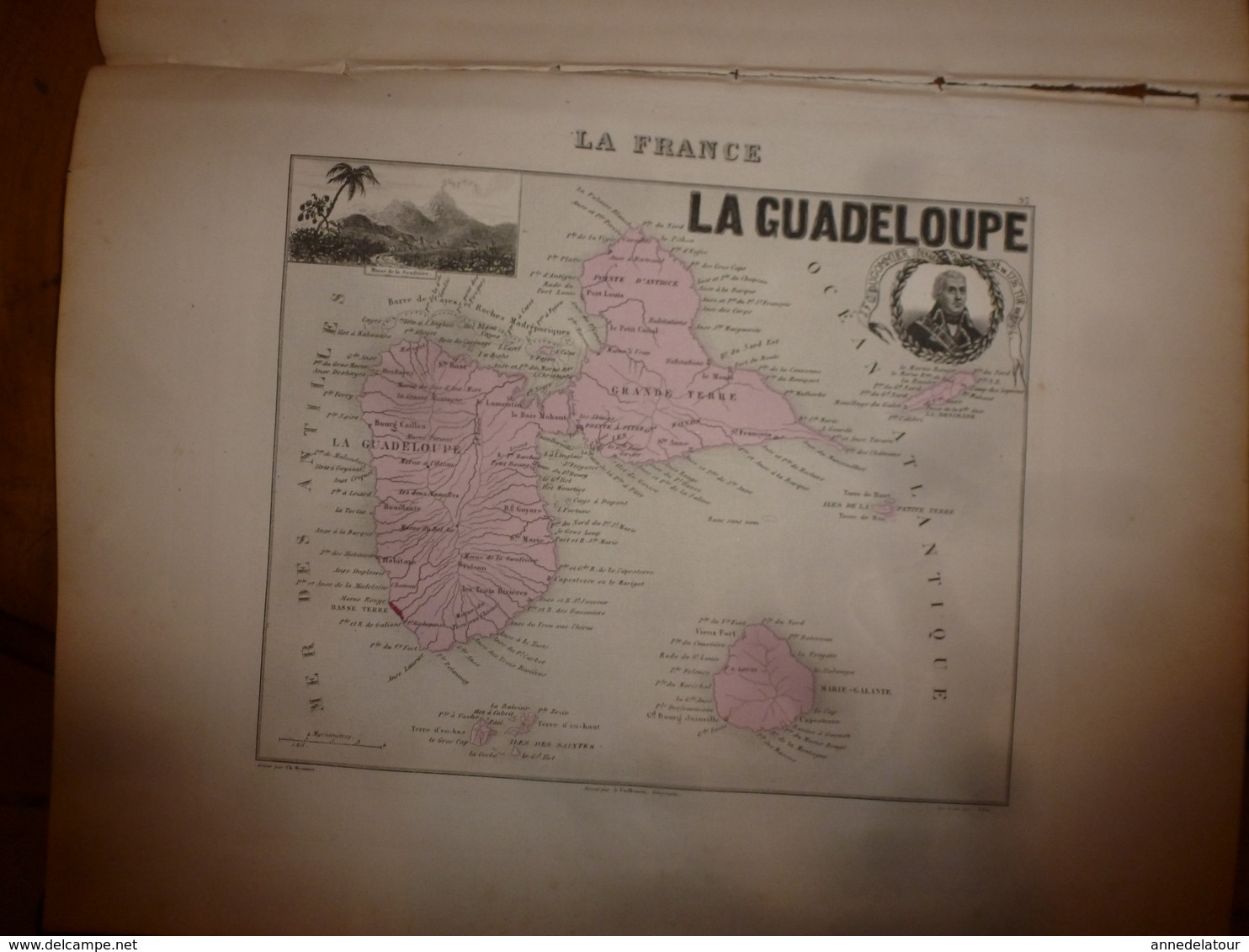 1880 :GUADELOUPE (Basse-Terre,Pointe-a-Pitre,Marie-Galante,Alpines,etc)Carte Géo.-Descriptive En Taille Douce Par Migeon - Mapas Geográficas