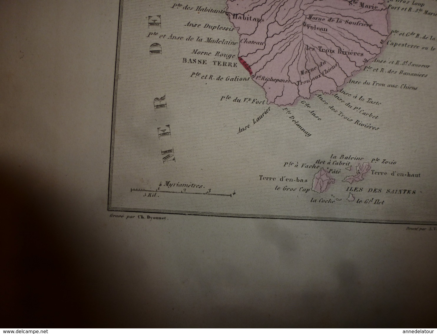 1880 :GUADELOUPE (Basse-Terre,Pointe-a-Pitre,Marie-Galante,Alpines,etc)Carte Géo.-Descriptive En Taille Douce Par Migeon - Cartes Géographiques