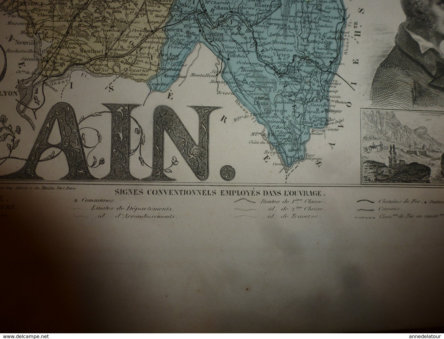 1880 : AIN (Bourg, Belley, Gex , Nantua, Trévoux, etc) Carte Géographique-Descriptive:grav.taille douce-Migeon,géographe