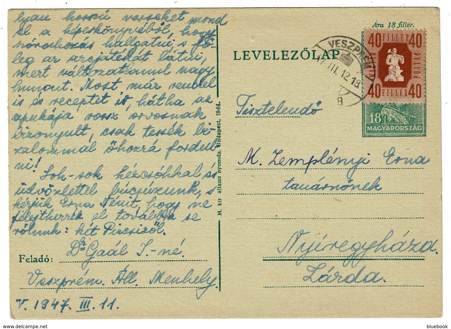 Ref 1275 - 1947 Up-Rated Postal Stationery Card Hungary - 58 Filler Rate To Larda - Postwaardestukken