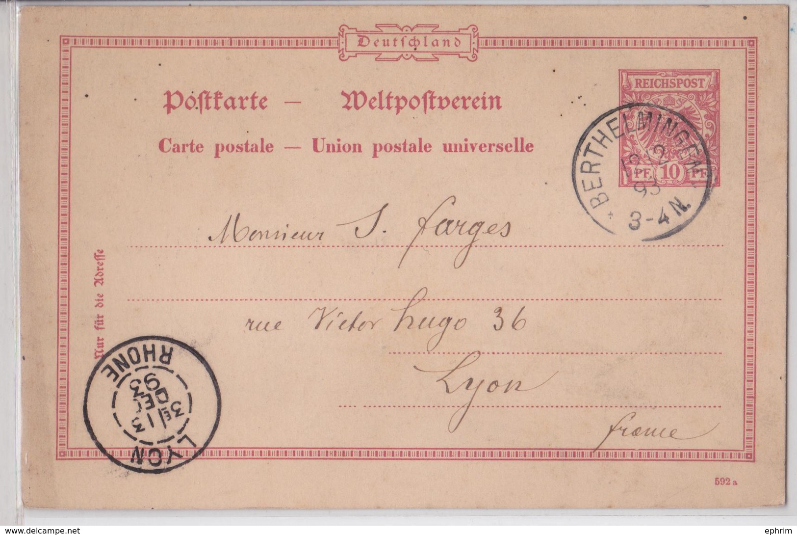 BERTHELMINGEN REICHSPOST POSTKARTE 12.12.1893 ENVOI HERTZ CHÂTEAU DE SARRECK PAR BERTHELMING MOSELLE LORRAINE ALLEMANDE - Lettres & Documents