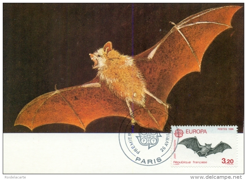 CM-Carte Maximum Card # France-1986 # Europa-Cept # Animaux,animals,Tiere # Chauve-souris,Fledermaus,bat # Paris - 1980-1989