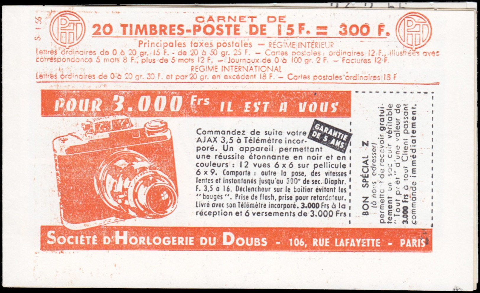 FRANCE Carnets  1011-C12, Série 1-56, Cd. 25/2/56 Avec N°: 15f. Muller Rouge, Hahn-Bic-Hahn-Bic Photo*/mixer*/rose* - Autres & Non Classés
