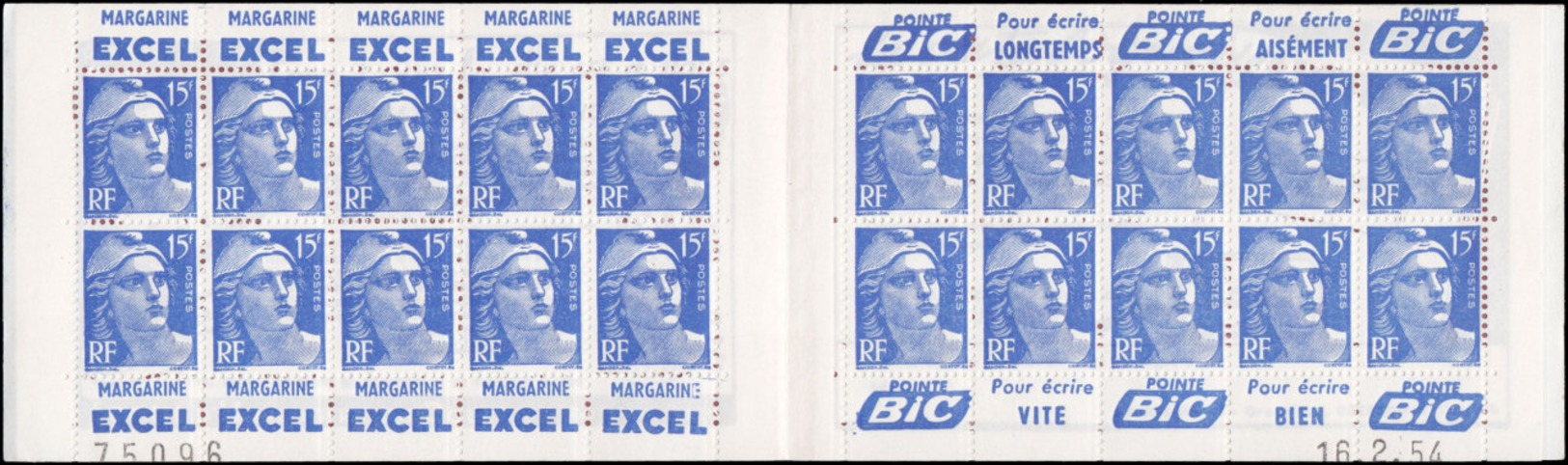 FRANCE Carnets  886-C11, Série 10: 15f. Gandon Bleu Type I, Excel-Bic-Excel-Bic Rose*/montre* - Autres & Non Classés