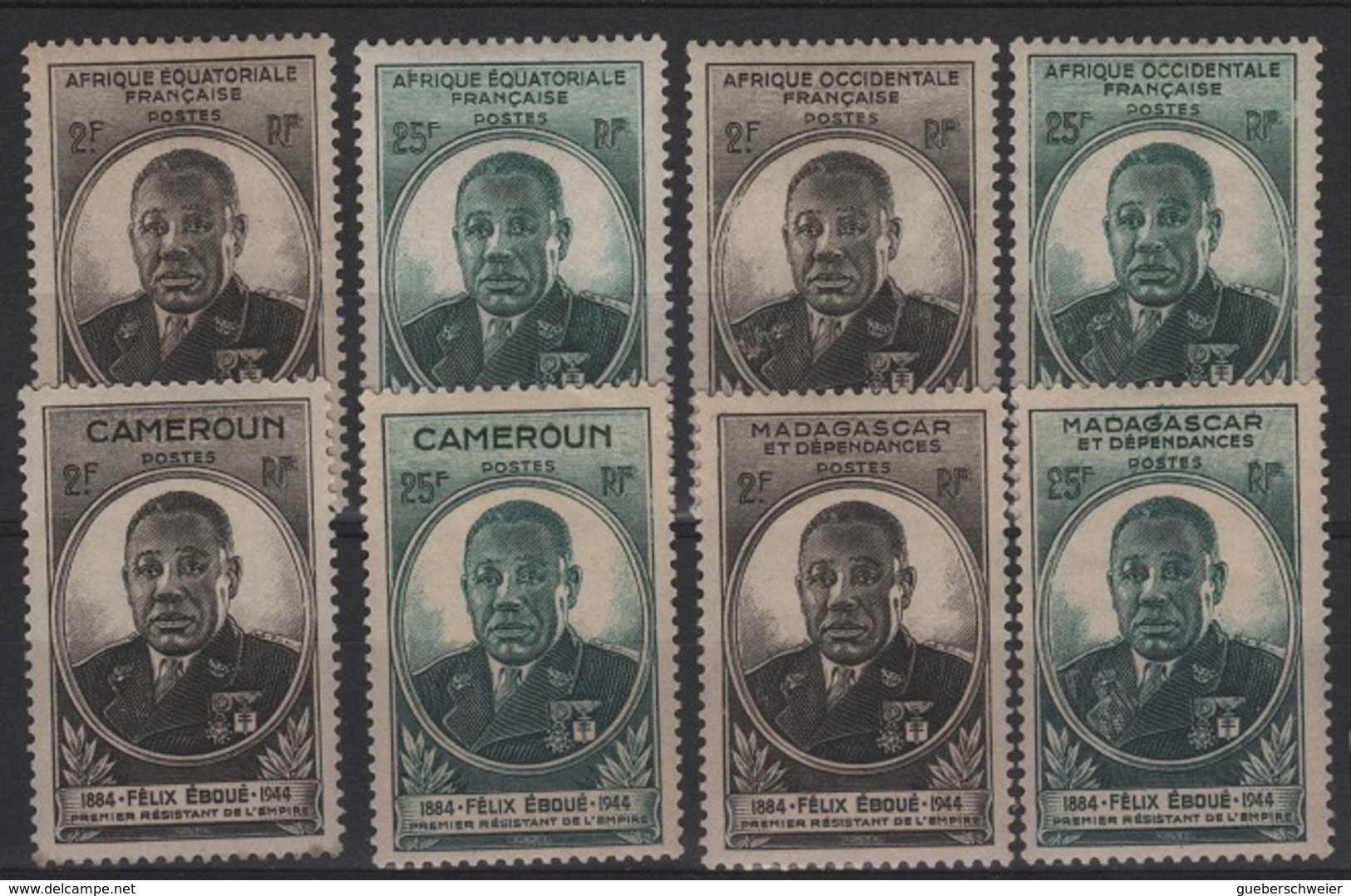 FR COL12 - 4 Paires Félix Eboué Neufs**/* AFRIQUE EQUAT. - OCCID. - CAMEROUN Et MADAGASCAR - 1945 Gouverneur-Général Félix Éboué