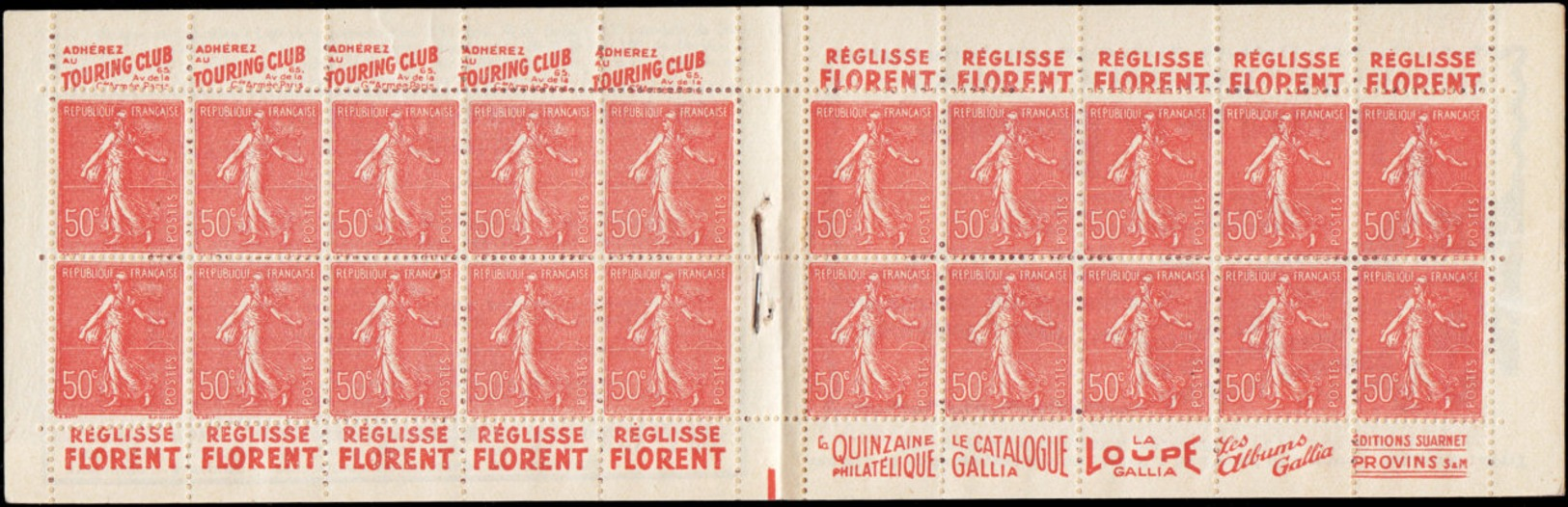 FRANCE Carnets  199-C46, Série 157, (lègère Froissure De Gomme D'origine: 50c. Semeuse Lignée, Touring-Florent-Florent-Q - Autres & Non Classés