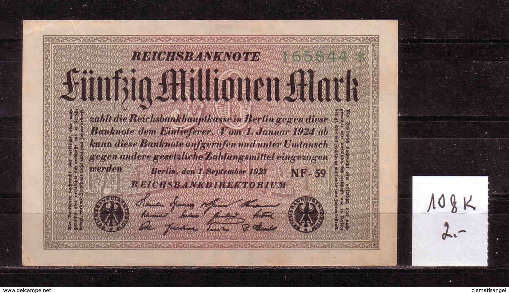 59d * REICHSBANKNOTE 108K * 165844 VOM 1.9.1923  * 50 MILLIONEN MARK * FAST UNGEBRAUCHT ** !! - 50 Millionen Mark