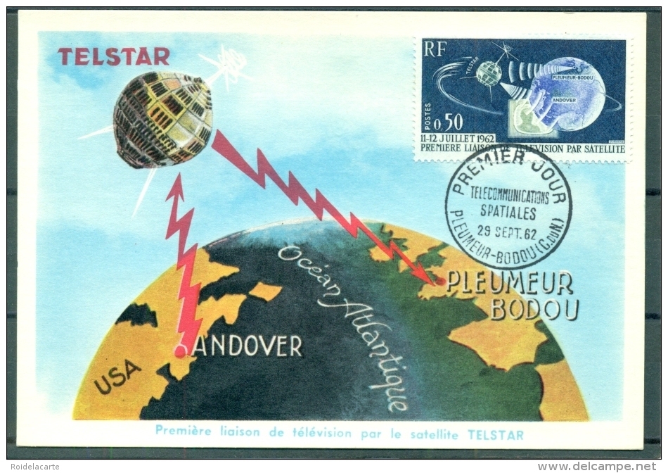 CM-Carte Maximum Card # France-1962 # Espace-Space-Raumfahrt #Télécom # Satellite  Telstar # Pleumeur-Bodou - 1960-1969