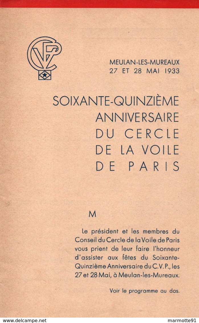 MEULAN LES MUREAUX 1933 ANNIVERSAIRE CERCLE VOILE DE PARIS CVP PROGRAMME NAVIGATION COURSE - Programmes