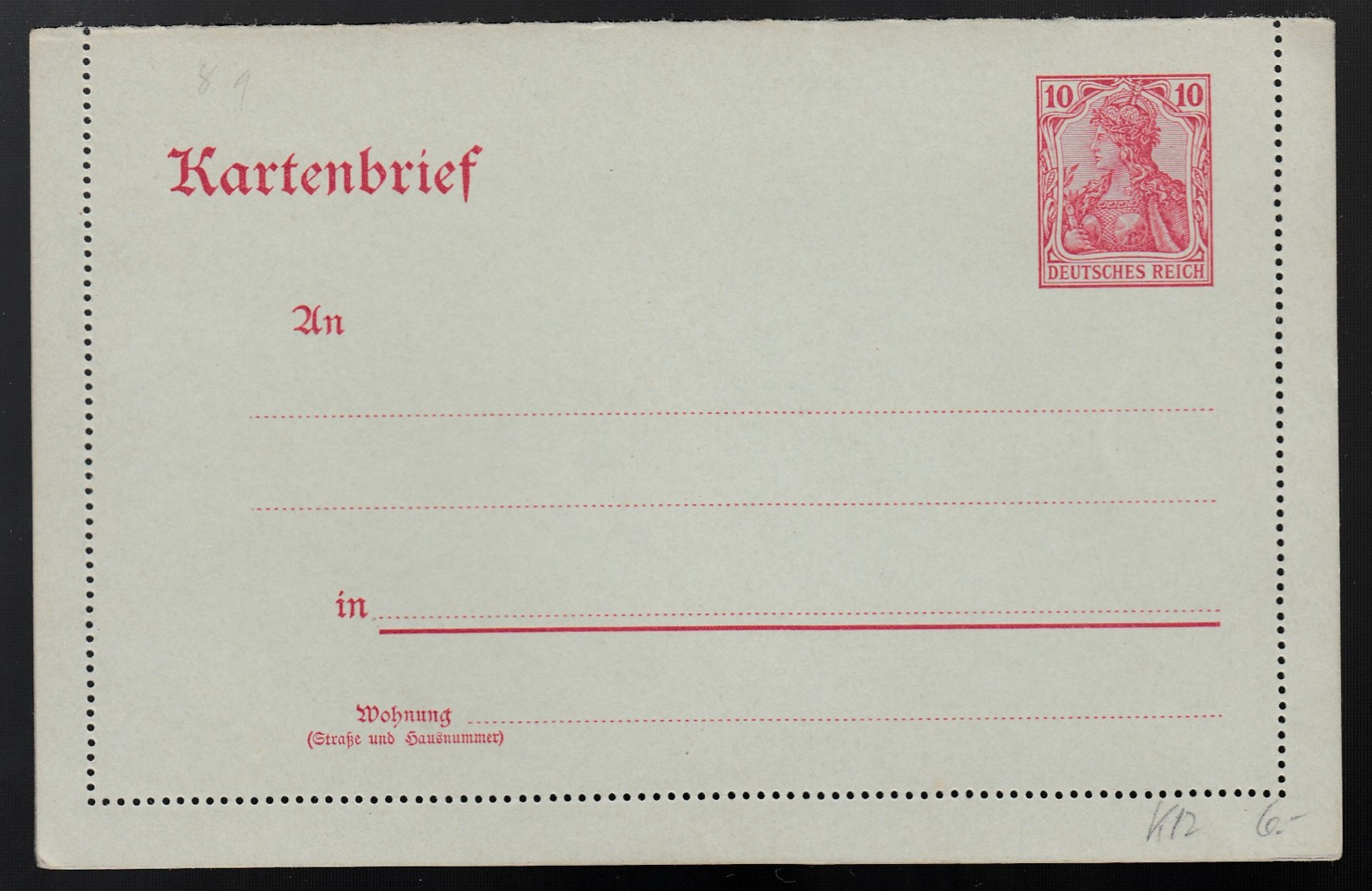 Deutsches Reich Germania Postkarte Kartenbrief Ganzsache K12 1902 Ungelaufen Lot 1005 - Sonstige & Ohne Zuordnung