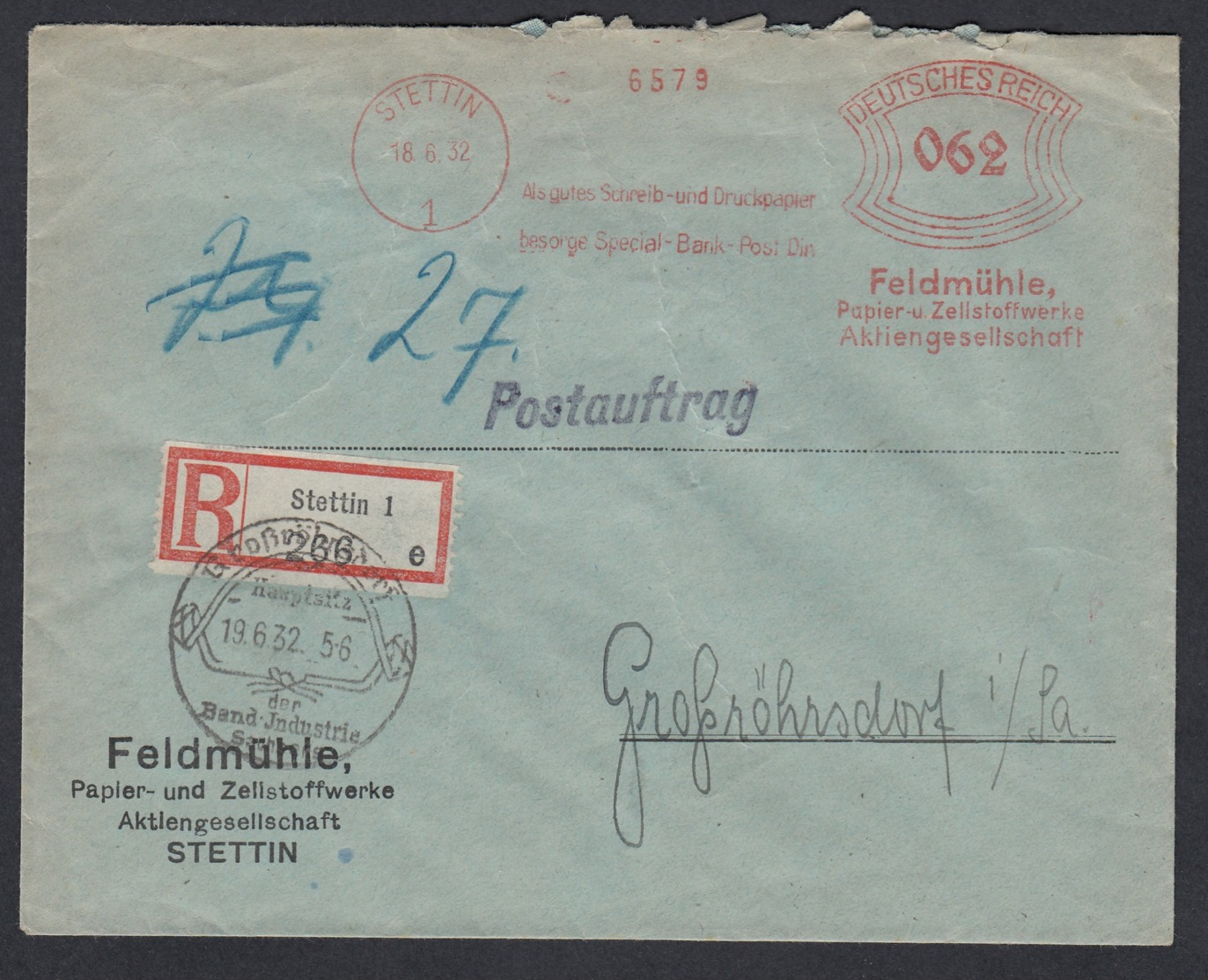 Deutsches Reich Einschreiben Firmen-Brief Postauftrag 1932 Stettin  Nach Großröhrsdorf Lot 1040 - Maschinenstempel (EMA)