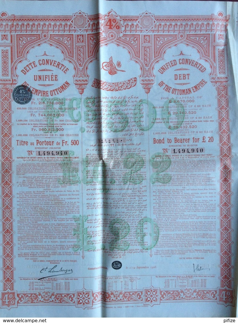Dette Unifiée De L'Empire Ottoman . Obligation De 500 F . Constantinople , Turquie , 1906 . - Autres & Non Classés