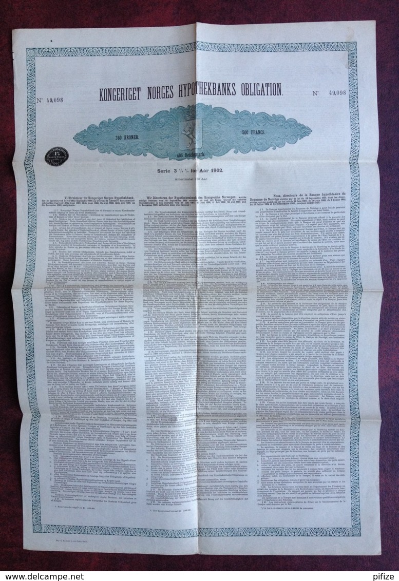 Kongeriget Norges Hypothekbanks Obligation . Banque Hypothécaire Du Royaume De Norvège . 500 F 3,5% 1902 . - Banque & Assurance