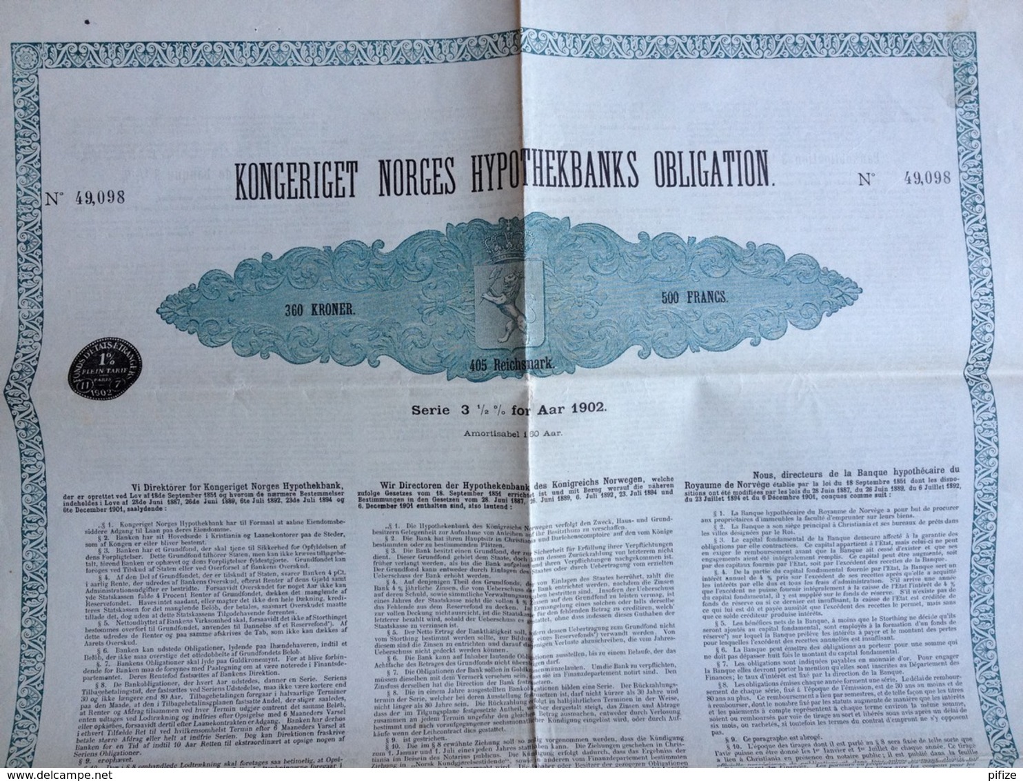 Kongeriget Norges Hypothekbanks Obligation . Banque Hypothécaire Du Royaume De Norvège . 500 F 3,5% 1902 . - Banque & Assurance