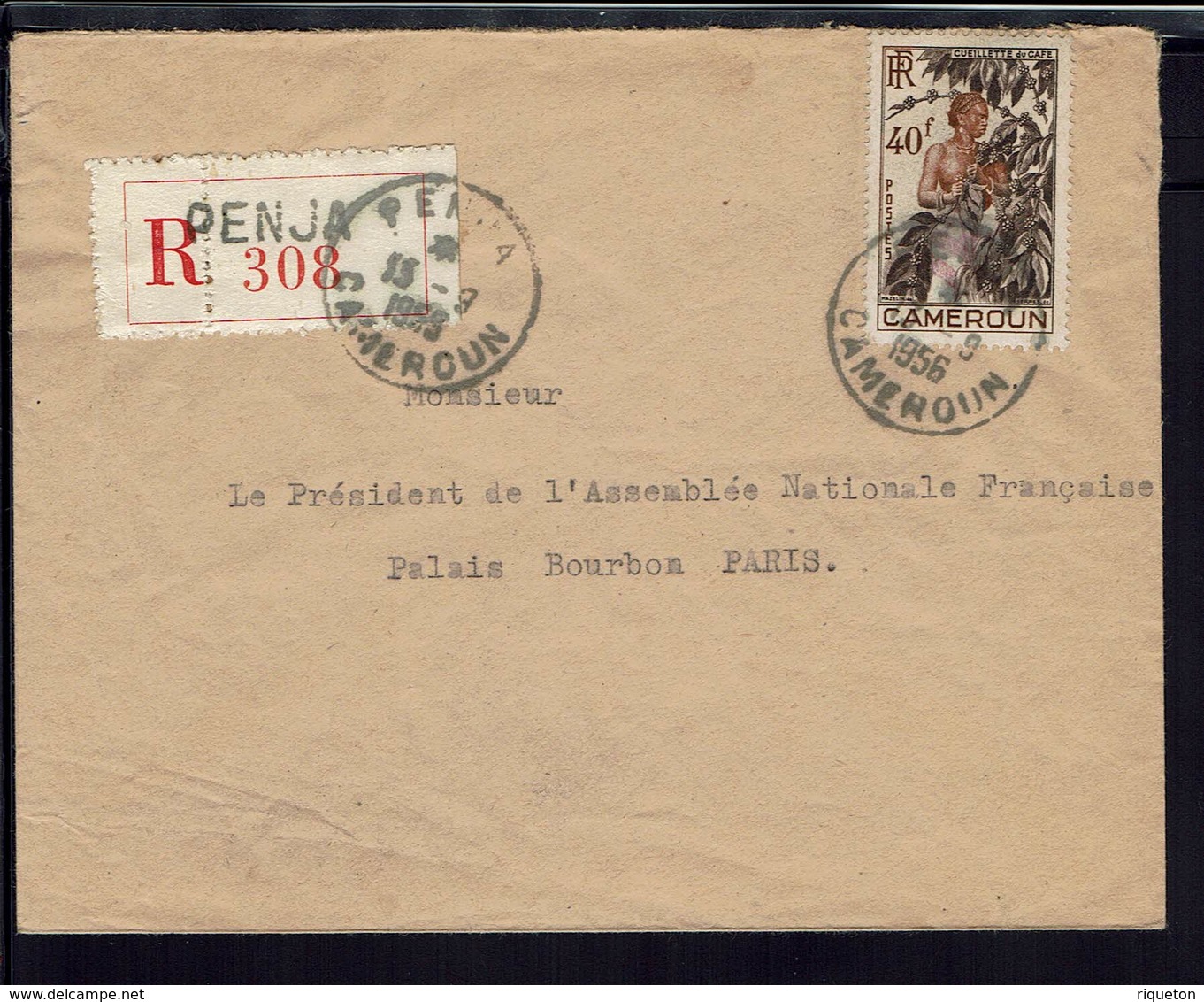 CAMEROUN - 1956 - Enveloppe Recommandée De Penja Pour Le Président De L'Assemblée Nationale Palais Bourbon Paris - B/TB - Lettres & Documents
