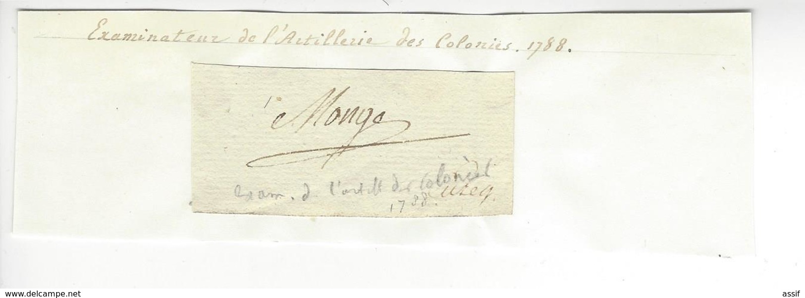 GASPARD MONGE EXAMINATEUR ARTILLERIE DES COLONIES 1788 AUTOGRAPHE ORIGINAL AUTOGRAPH /FREE SHIP. R - Other & Unclassified