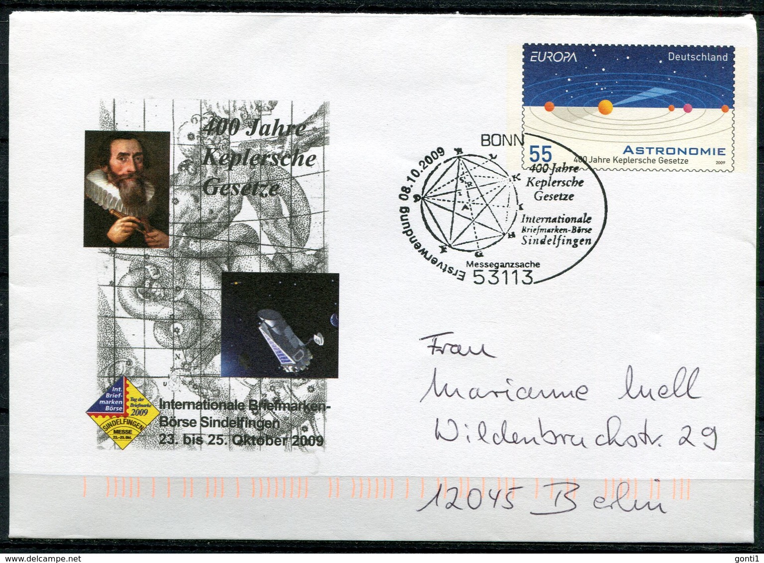 Germany 2009 Plusbrief Mi.Nr.USo192 Europa-Astronomie"mit ESST"Bonn-400 Jahre Keplersche Gesetze"1 Beleg - Astronomie
