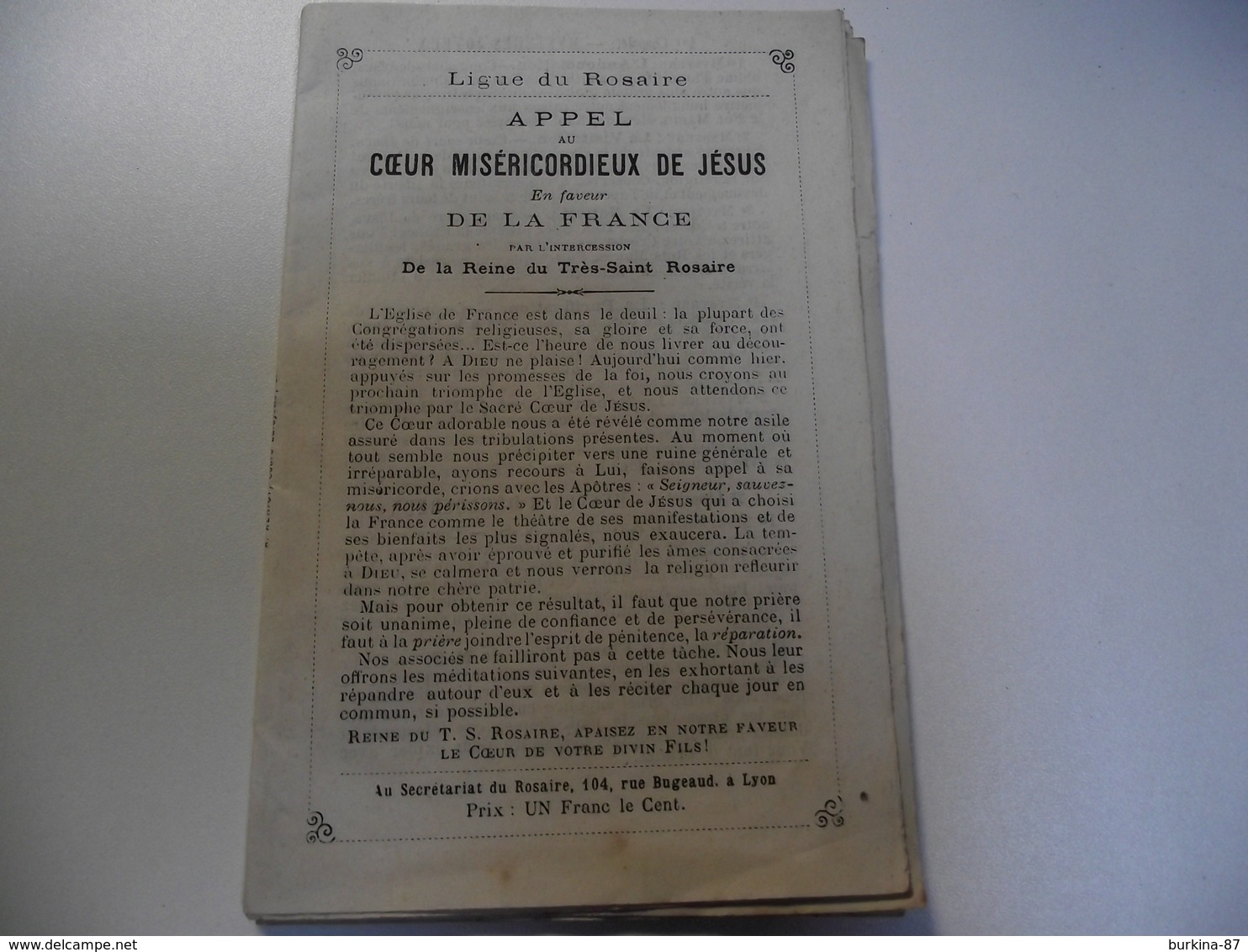 Ligue Du ROSAIRE, Appel Au Cœur Miséricordieux De Jesus, Vers 1880 - Religion & Esotérisme