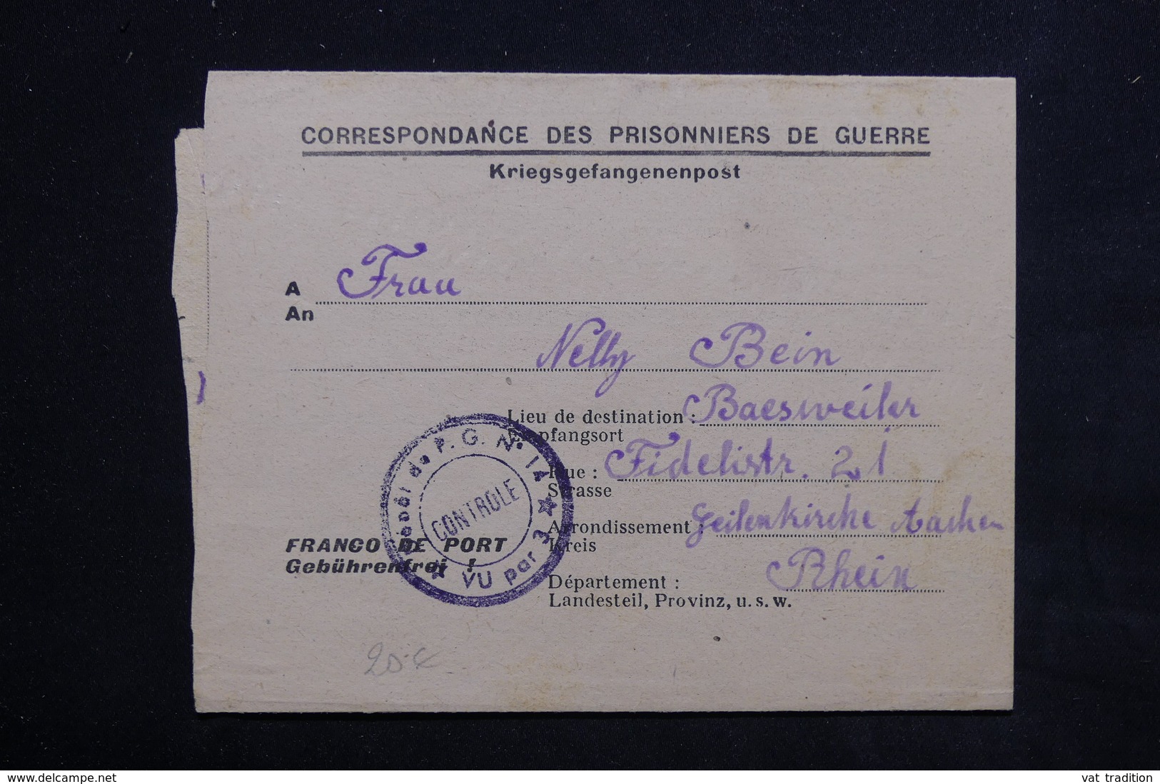 FRANCE - Formulaire De Prisonnier Allemand Du Camp De Hesdin Pour L 'Allemagne Avec Cachet De Contrôle Du Camp - L 22955 - Guerre De 1939-45