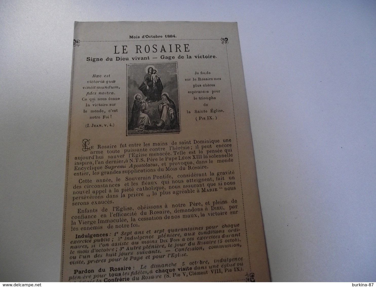Le ROSAIRE,  Signe Du Dieu Vivant, Octobre 1884 - Religion & Esotérisme