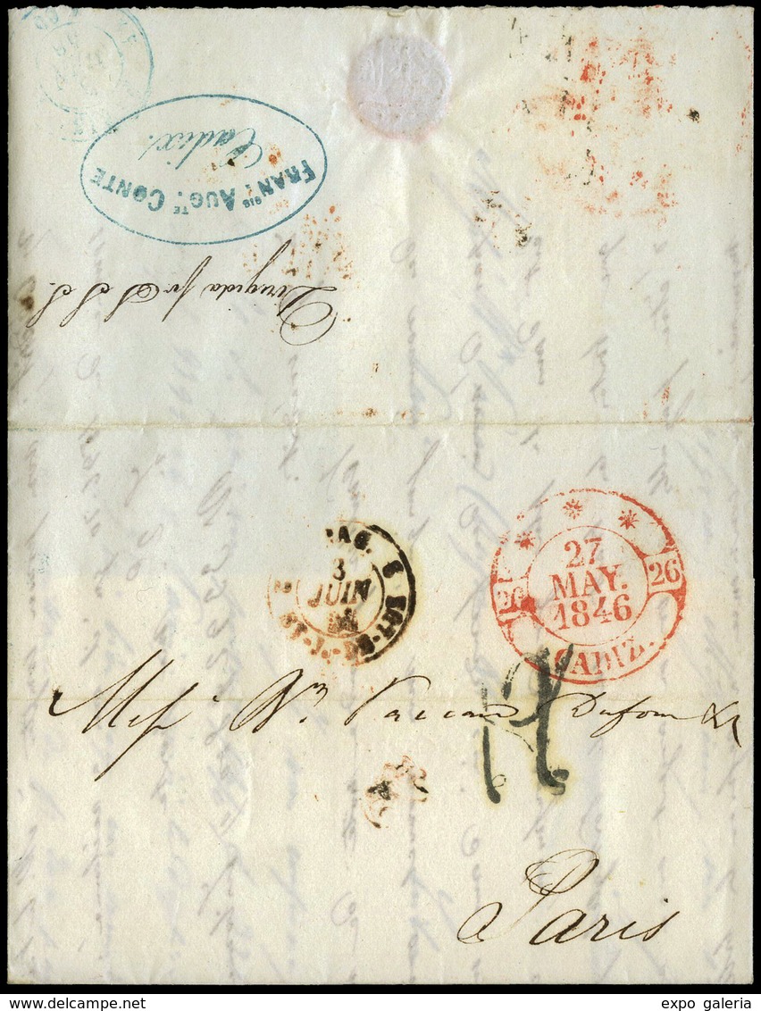 1846. Encaminadores. Carta Cda De Lisboa A Paris, Tránsito “Cádiz 27/Mayo 1846”. Marca De “Dirigido Por S.S.S.” - ...-1850 Prephilately