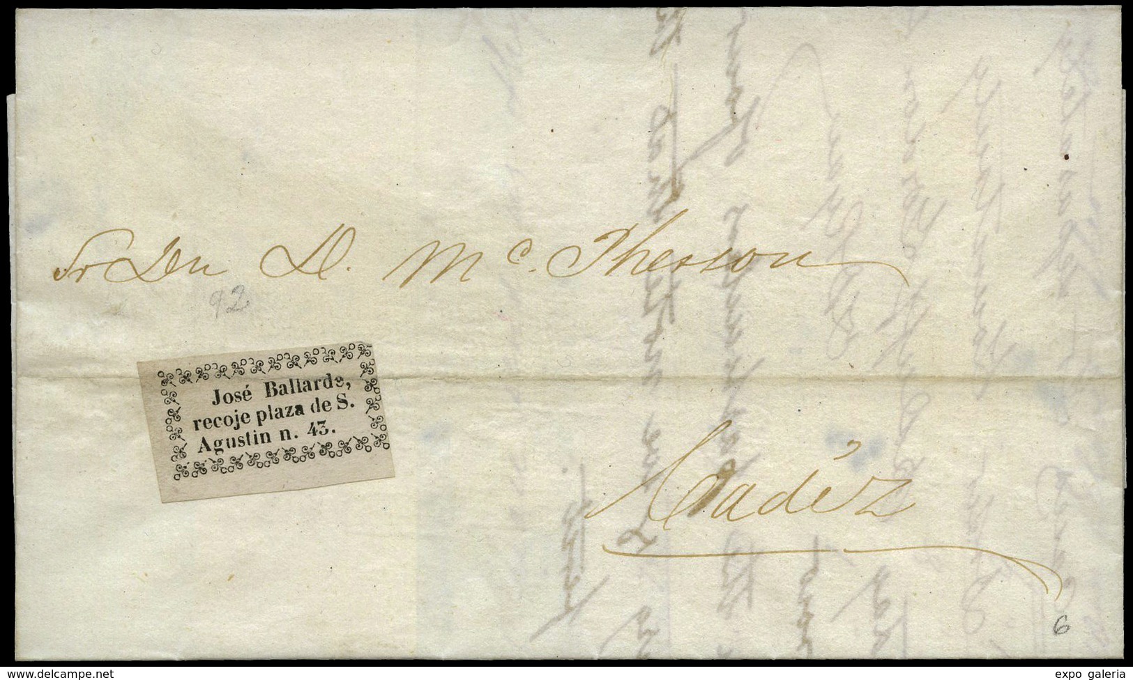 Mensajerias Gaditanas. 1857. Etiqueta Adhesiva “José Ballarde Recoje Plaza De S.Agustin 45” - ...-1850 Prephilately