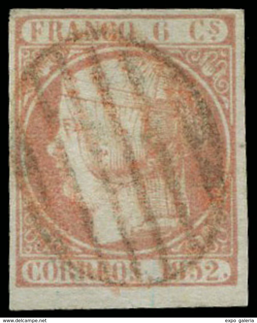 Ed. 0 12 - 1852. 6 Cuartos. Mat. “Parrilla Roja” Borde Hoja. Lujo. Cat. 215€ - Nuevos