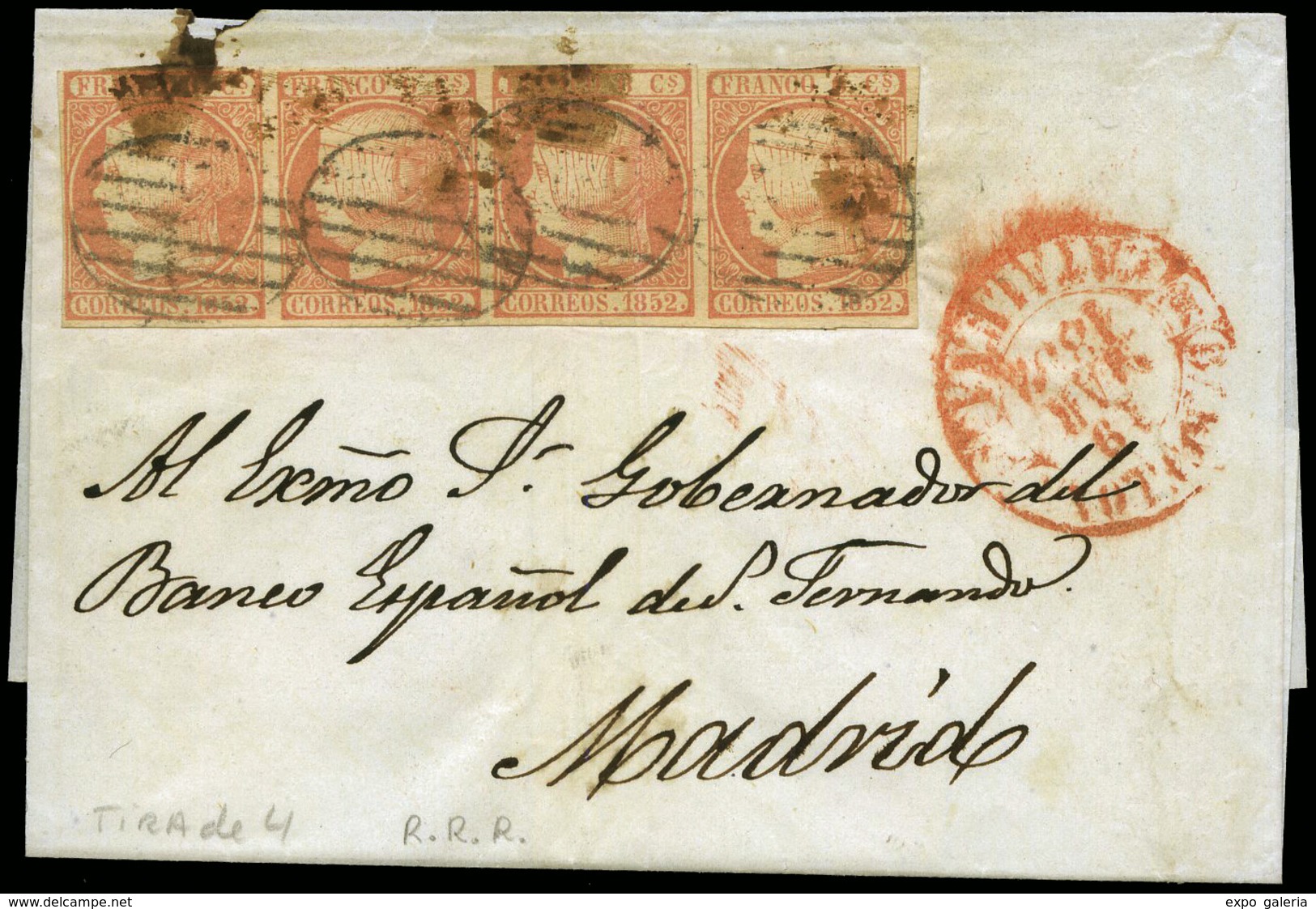 Ed. 12(4) - 1852. Carta Cda De Barcelona A Madrid. Tira De 4 Del 6 Cuartos. - Ungebraucht