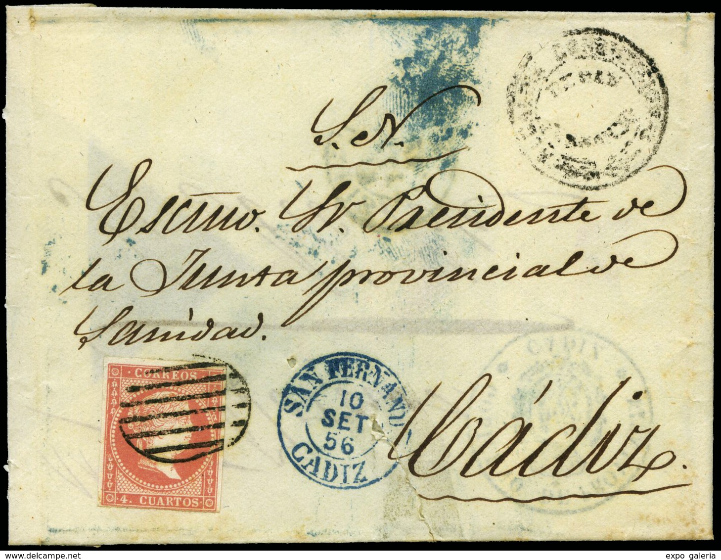 Ed. 48 - Sobre De Doble Uso Reutilizado De “San Fernando 10/09/56-Cádiz” Tp. I Azul A Cádiz. Lujo. Muy Raro. - Unused Stamps