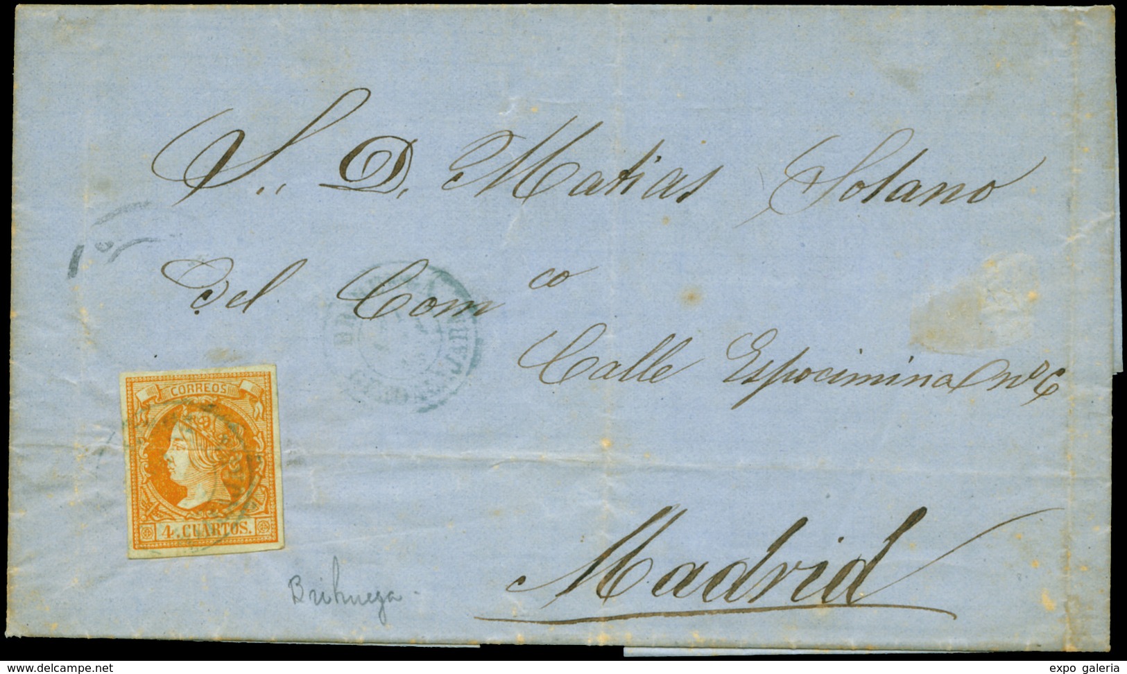Ed. 52 - Carta Cda Mat. Fechador Tp. II “Brihuega-Guadalajara” (azul).Preciosa. Muy Rara. - Unused Stamps