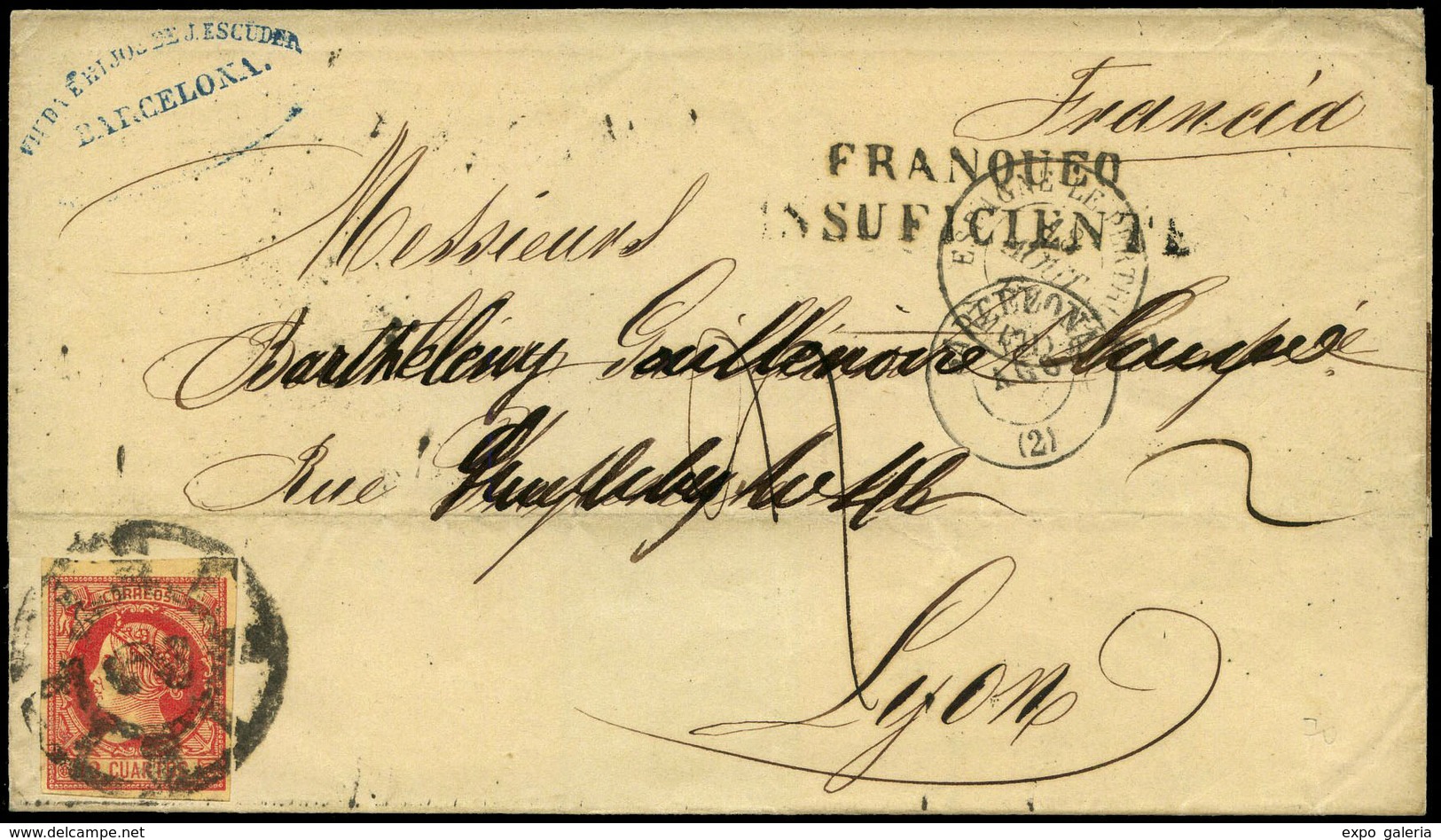 Ed. 53 - 1860. Carta Cda De Barcelona A Lyon. Marca “Franqueo Insuficiente” Lujo. - Unused Stamps