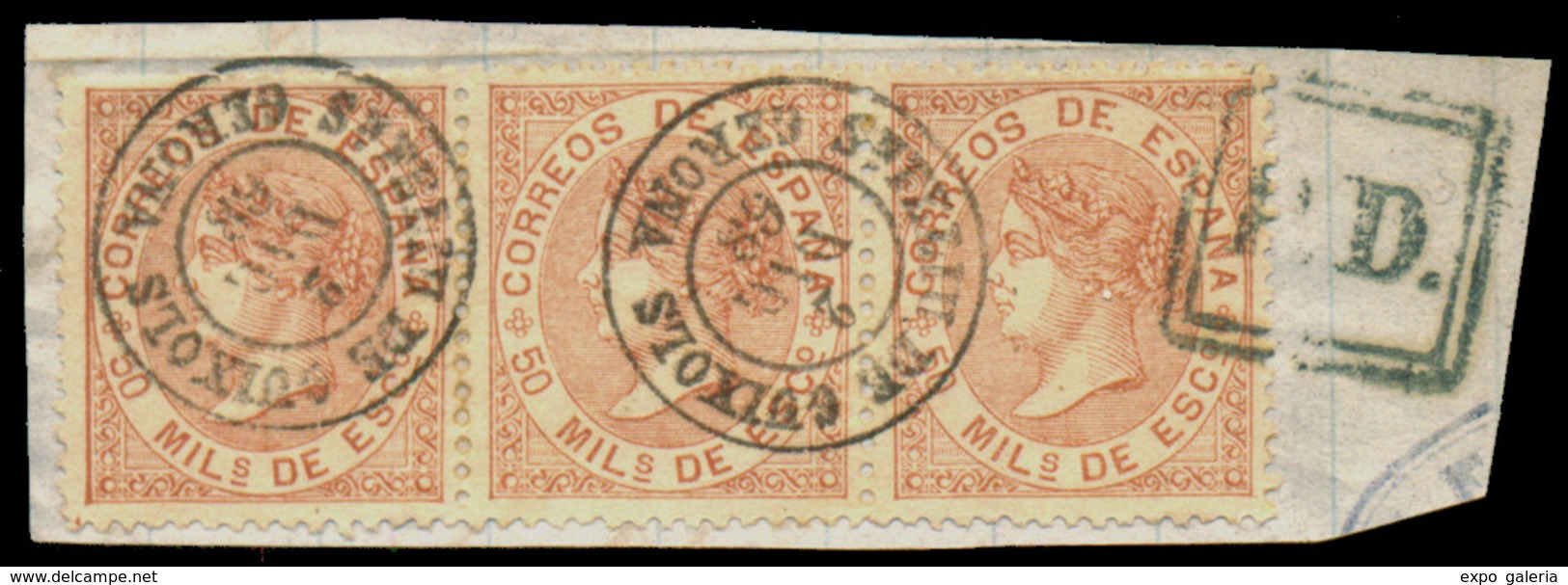 Ed. 96 Tira 3 - Mat. Fechador Tp. II “San Feliu De Guixols-Gerona” + Marca “PD” Lujo. Raro. - Unused Stamps