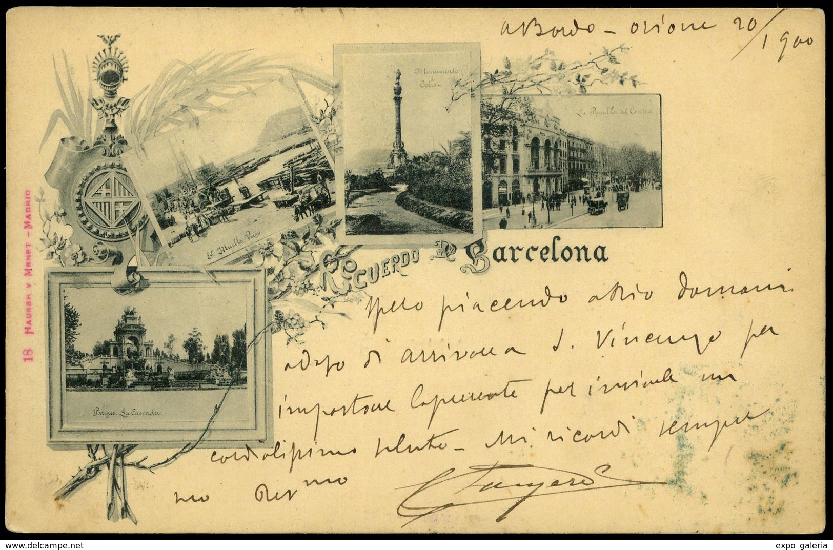 T.P.(sello Italiano). Preciosa Tarjeta “Recuerdo De Barcelona” Y Con Remite “a Bordo Orione 20/1900” - Ungebraucht