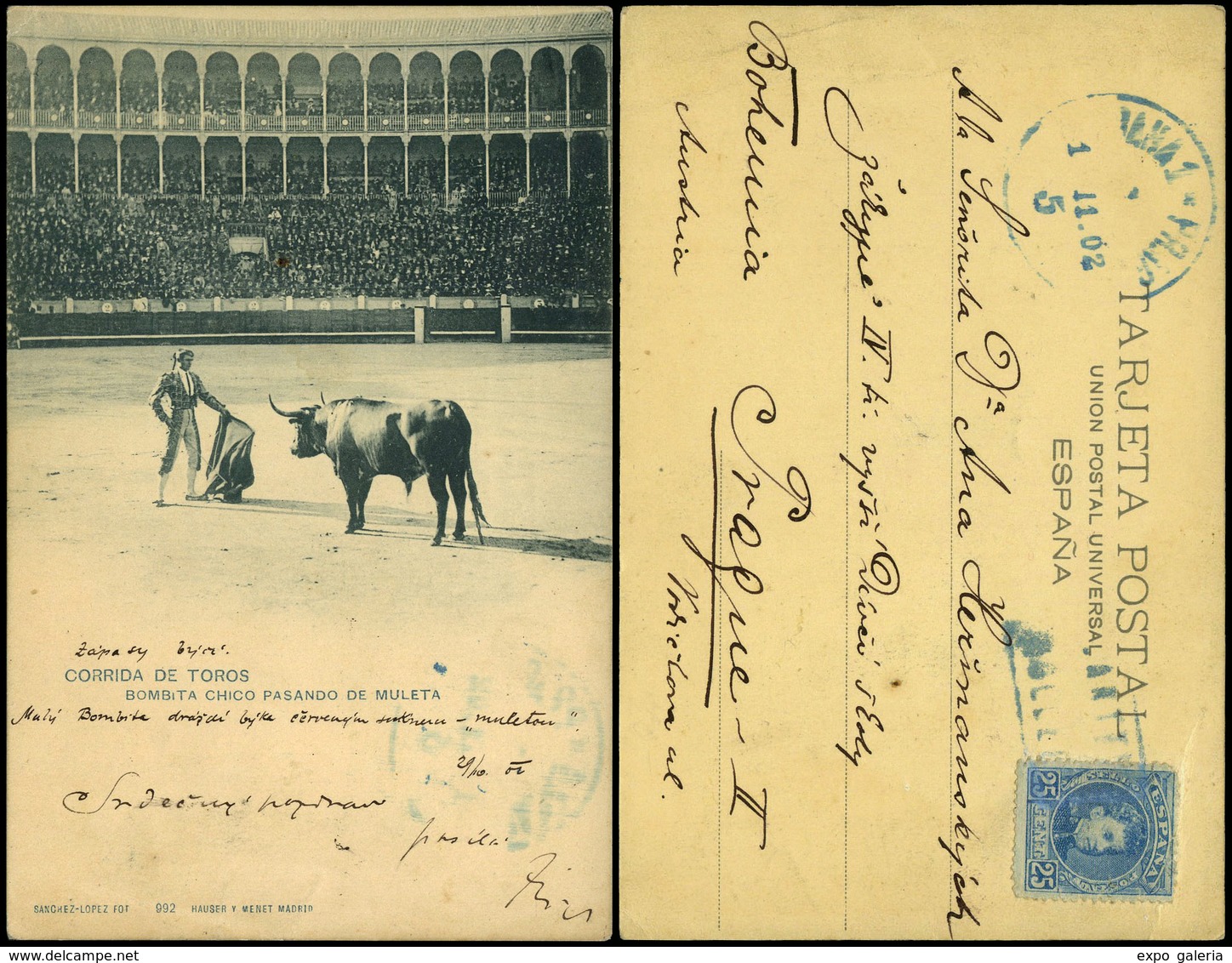 TP 248 SOLLER-Baleares. Preciosa Tarjeta “Corrida De Toros Bombita Pasando De Muleta” Y Cda Con Mat. Carteria A Praga - Sonstige & Ohne Zuordnung