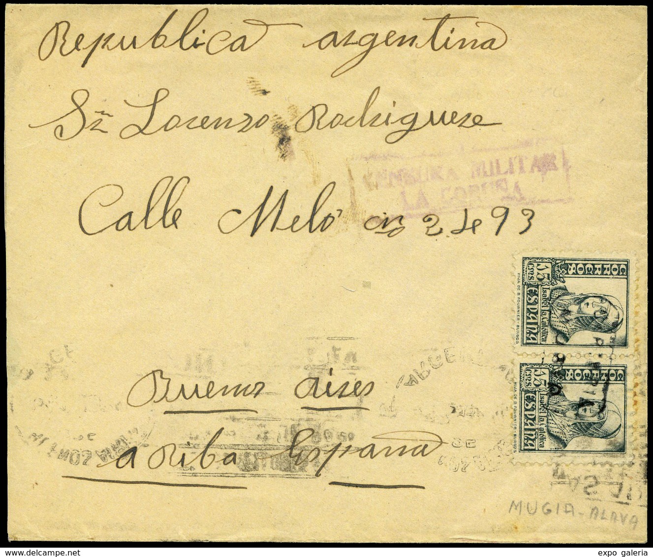 Ed. 819(2) - MUGIA.Coruña. Carta Cda A Buenos Aires Mat. Carteria + C. Militar. Hay Llegada. - Sonstige & Ohne Zuordnung