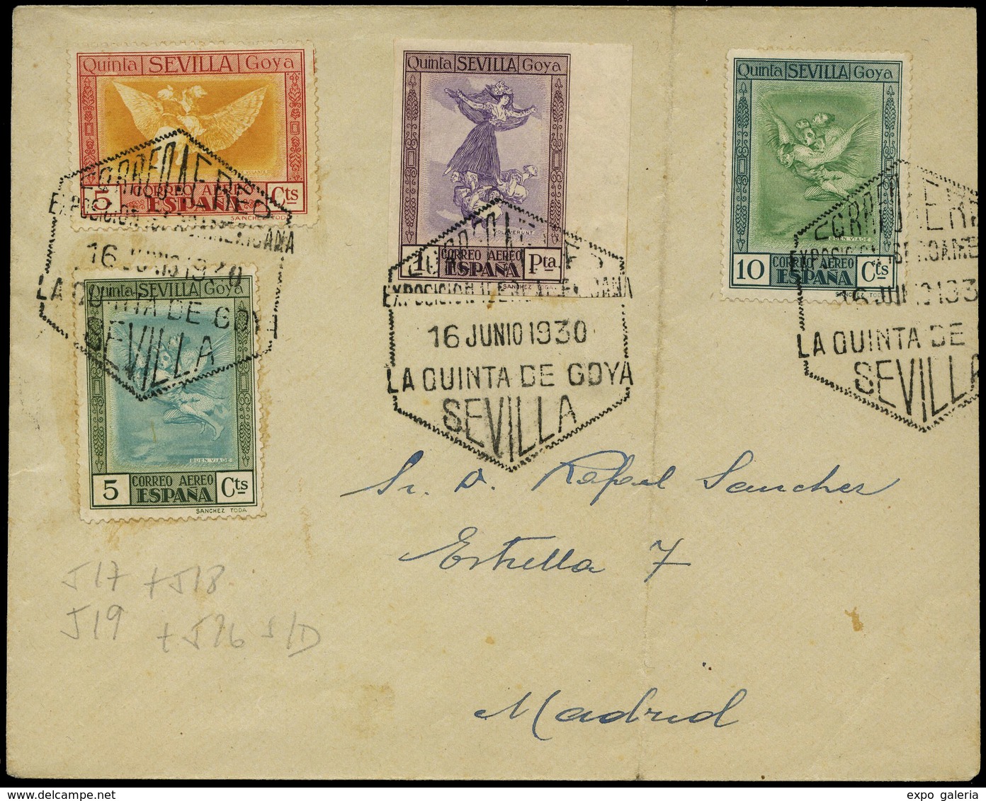 Ed. 517-518-519-526 S/D - Carta Cda Fechador Conmemor. “Sevilla 16.Junio 1930 La Quinta De Goya” A Madrid. Lujo. - Unused Stamps