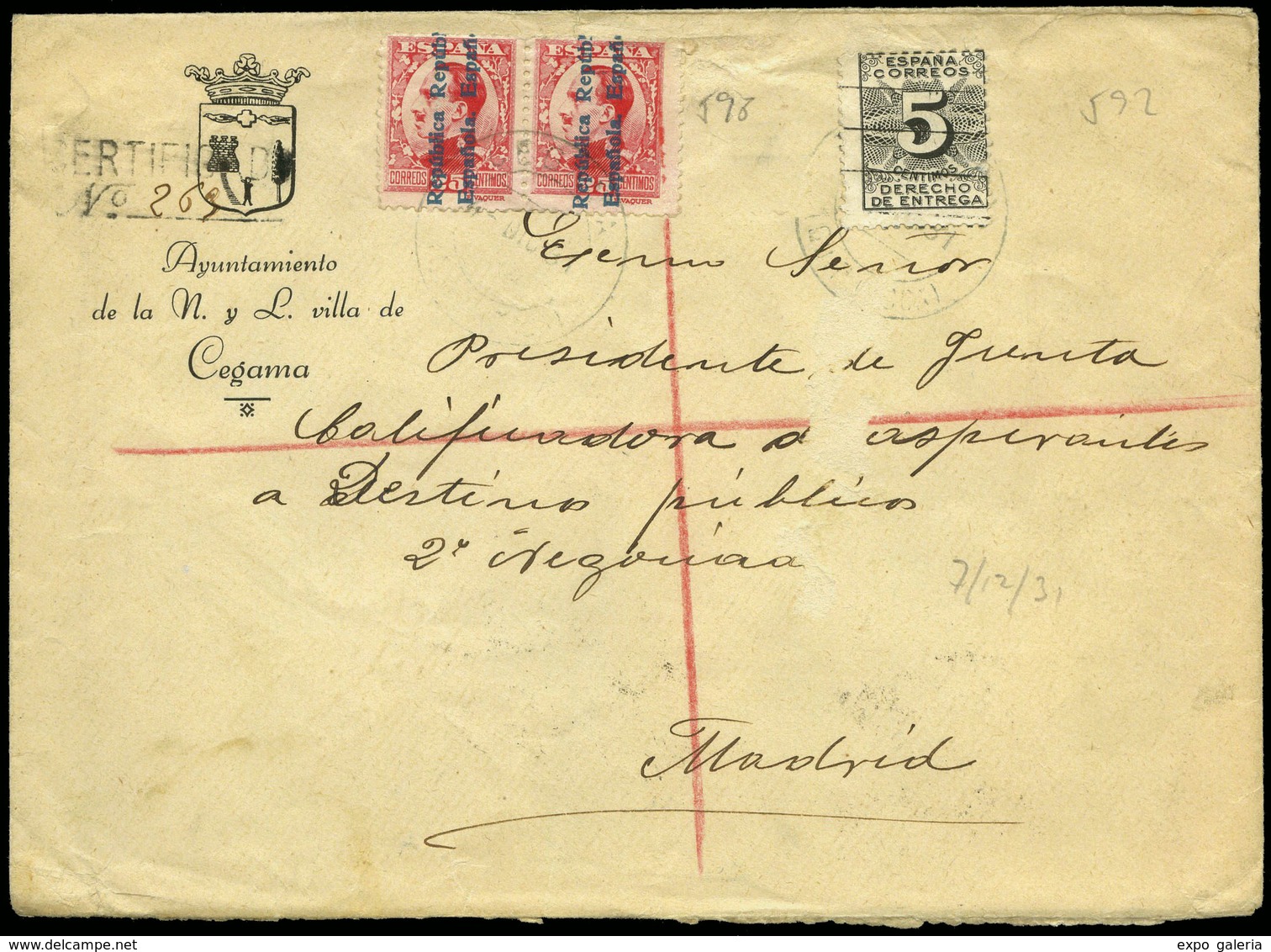 Ed. 592-598(2) - Certificado De “Cegama 07/12/31” A Madrid. Interesante. - Unused Stamps