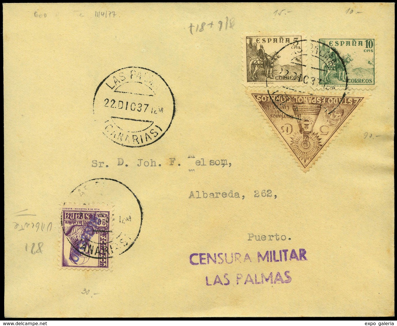 Ed. 816+817+821+Benefi. 19 - 1937. Carta Cda “Las Palmas 22/12/37” Al Puerto. Bonito Franqueo El Sello De 20Cts - Ungebraucht