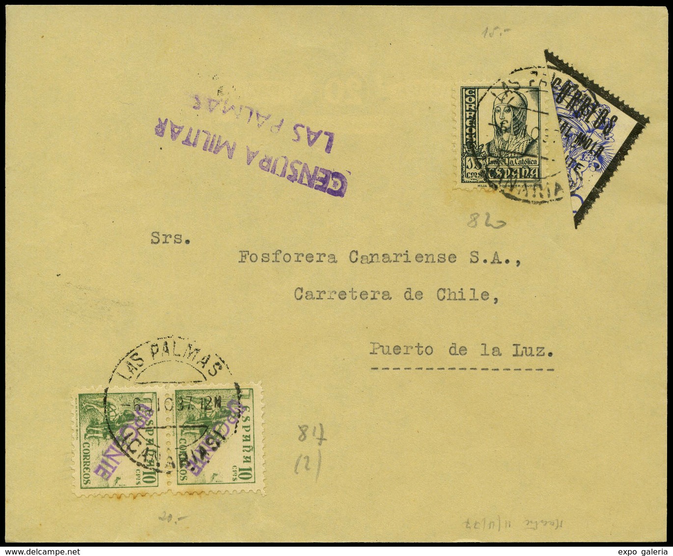 Ed. 817(2)+820+Bisec.local - 1937. Carta Cda “Las Palmas 06/12/37” Al Puerto De La Luz - Unused Stamps