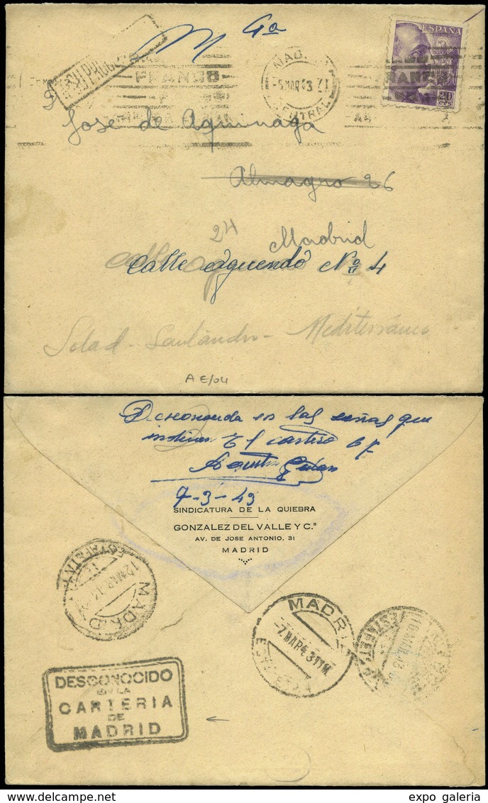 Ed. 922 - Carta De Madrid A Madrid 05/03/43 (Correo Interior). En Reverso 3 Fechadores Y Marca “Desconocido…" - Unused Stamps