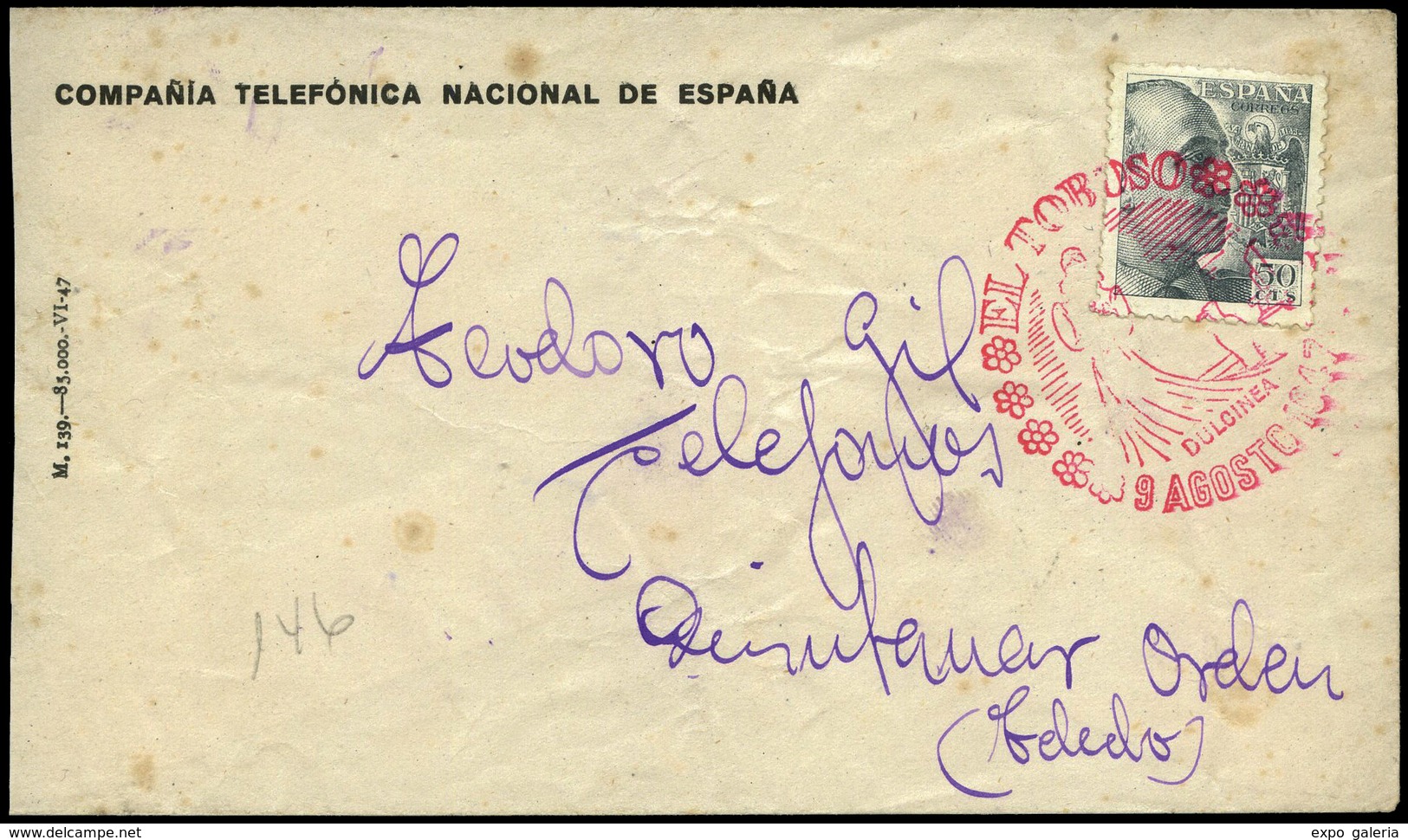 Ed. 927 - Carta Cda A Quintanar De La Orden (hay Llegada) Con Mat. Gomis 146 “El Toboso 9/Ag/1947-Dulcinea” Lujo. - Ungebraucht