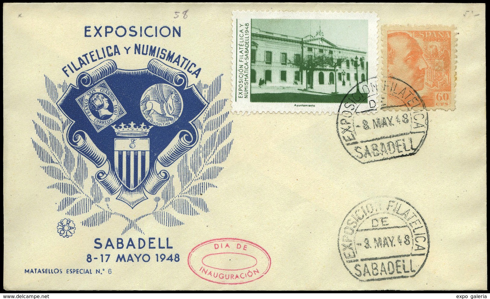 Ed. 928+viñeta - 1948. Fechador Especial Gomis Nº165 “Sabadell Exposición Filatélica De Sabadell” - Ungebraucht