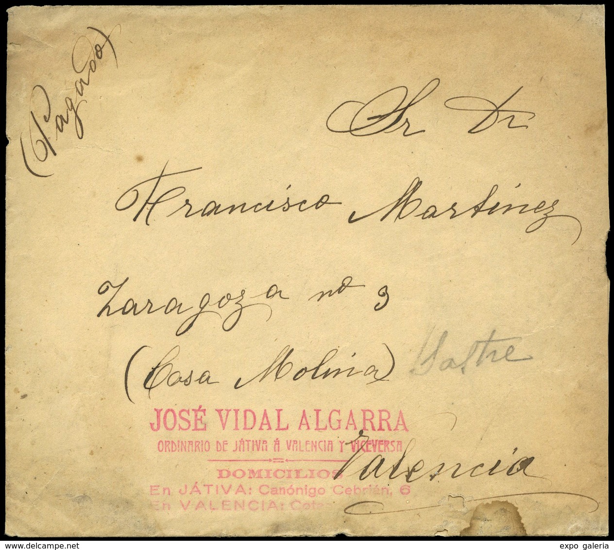 Carta Cda Con Marca De Ordinario “Jose Vidal Algarra-Ordinario De Jativa A Valencia Y Viceversa” Lujo. Raro - Unused Stamps