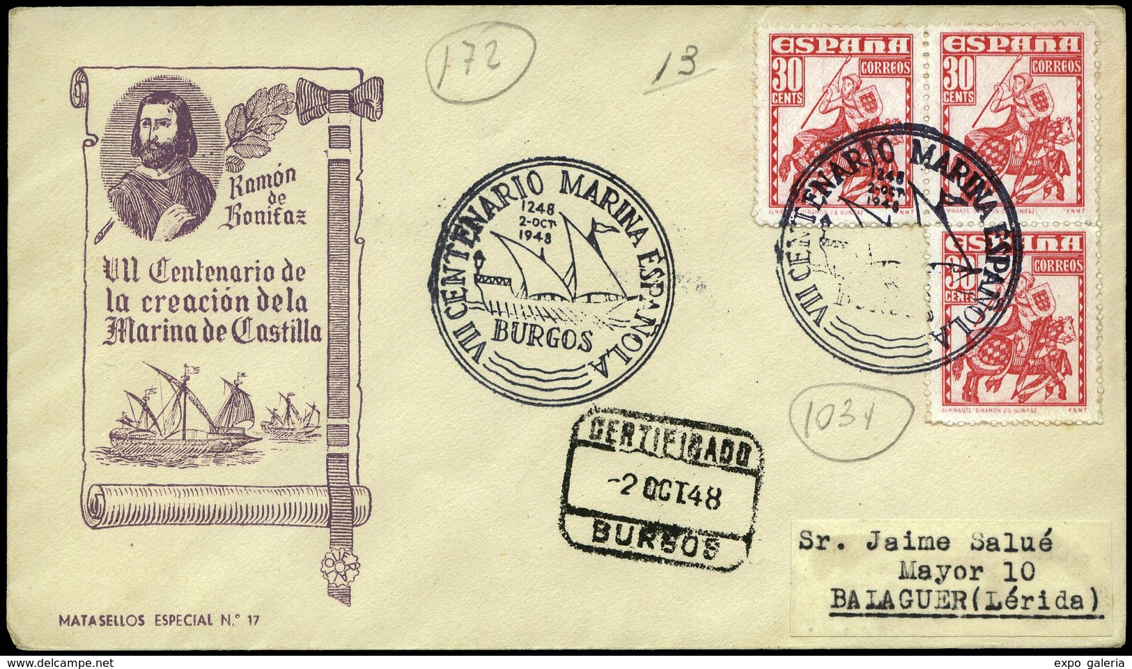Ed. 1034(3) - Carta Cda Con Fechador Gomis 172 “Burgos VII Centenario Marina Española 02/Oct/48-Certificado” - Ungebraucht
