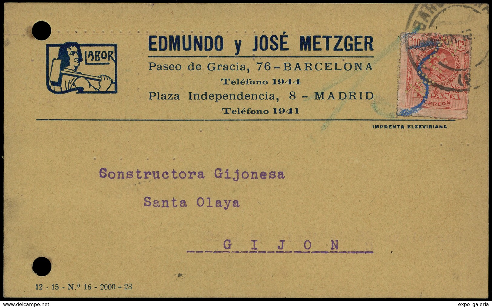 Ed. T.P. 269 - “E.J.M.” (Edmundo Y José Metzger. Barcelona) Tarjeta Cda A Gijón 2/Jun/ 1916. (Ex Florentino Perez) - Other & Unclassified