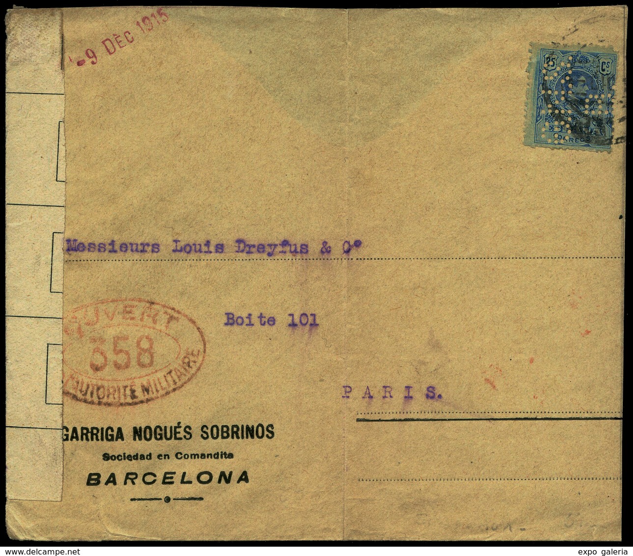 Ed. 274 - “G.N.S.B.” (Garriga Nogues Sobrinos. Barcelona) Perforación Grande. Carta Cda A Paris 9/12/1915 - Sonstige & Ohne Zuordnung