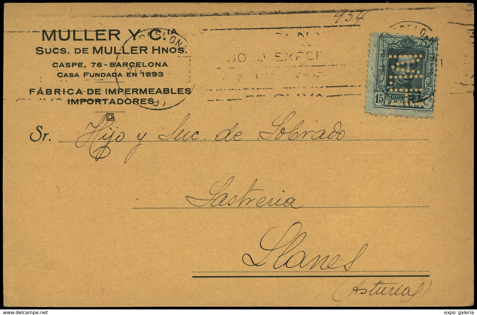 Ed. T.P. 315 - “M.H.” (Muller Hermanos. Barcelona. Impermeables). Tarjeta Cda A Llanes 30/Abr./1928. Muy Rara Pieza - Autres & Non Classés